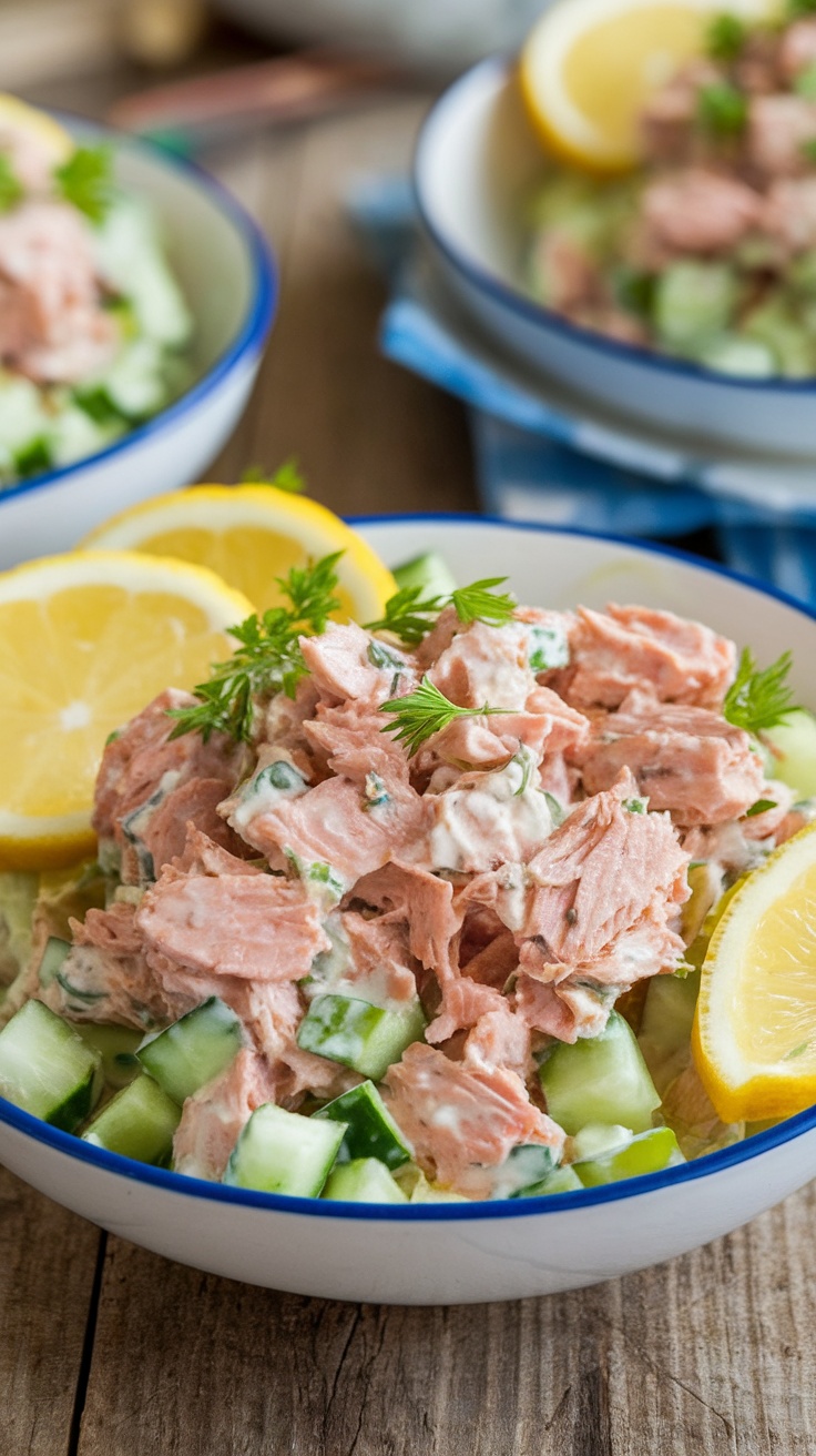 A colorful tuna salad with vegetables served in a bowl, garnished with lemon and herbs, set on a rustic table.